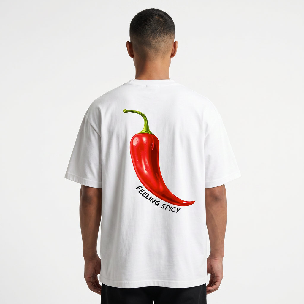 Person wearing a white t-shirt with a red chili pepper graphic and 'Feeling Spicy' text on the back.